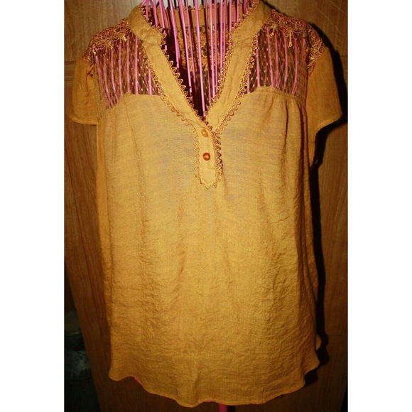 Perch By Blu Pepper Womens Blouse Orange Floral Lace Notch Neck Pleated 1XL GUC - Picture 1 of 6